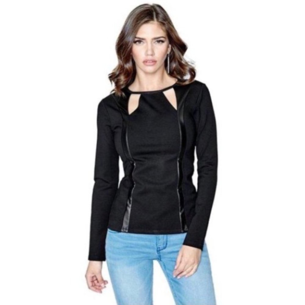 GUESS Long Sleeve Shirt Leather Cutout Zipper Back